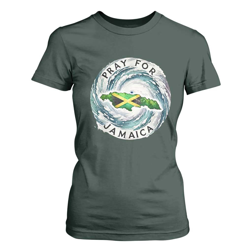 Pray For Jamaica Hurricane Support T Shirt For Women Strong Island Map and Storm Graphic TS02 Dark Forest Green Print Your Wear