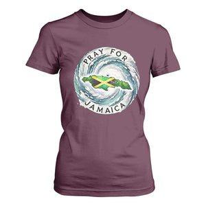Pray For Jamaica Hurricane Support T Shirt For Women Strong Island Map and Storm Graphic TS02 Maroon Print Your Wear