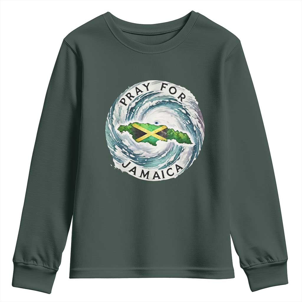 Pray For Jamaica Hurricane Support Youth Sweatshirt Strong Island Map and Storm Graphic TS02 Dark Forest Green Print Your Wear