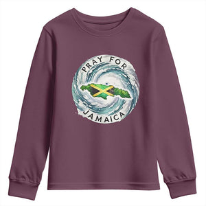 Pray For Jamaica Hurricane Support Youth Sweatshirt Strong Island Map and Storm Graphic TS02 Maroon Print Your Wear