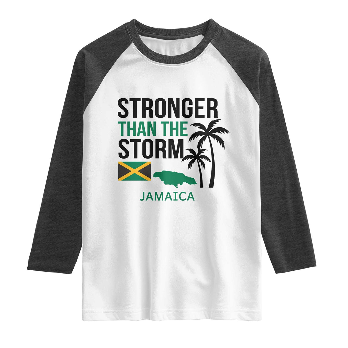 Stronger Than The Storm Jamaica Raglan Shirt Resilience and Hope Hurricane Awareness TS02 White Heather Charcoal Print Your Wear