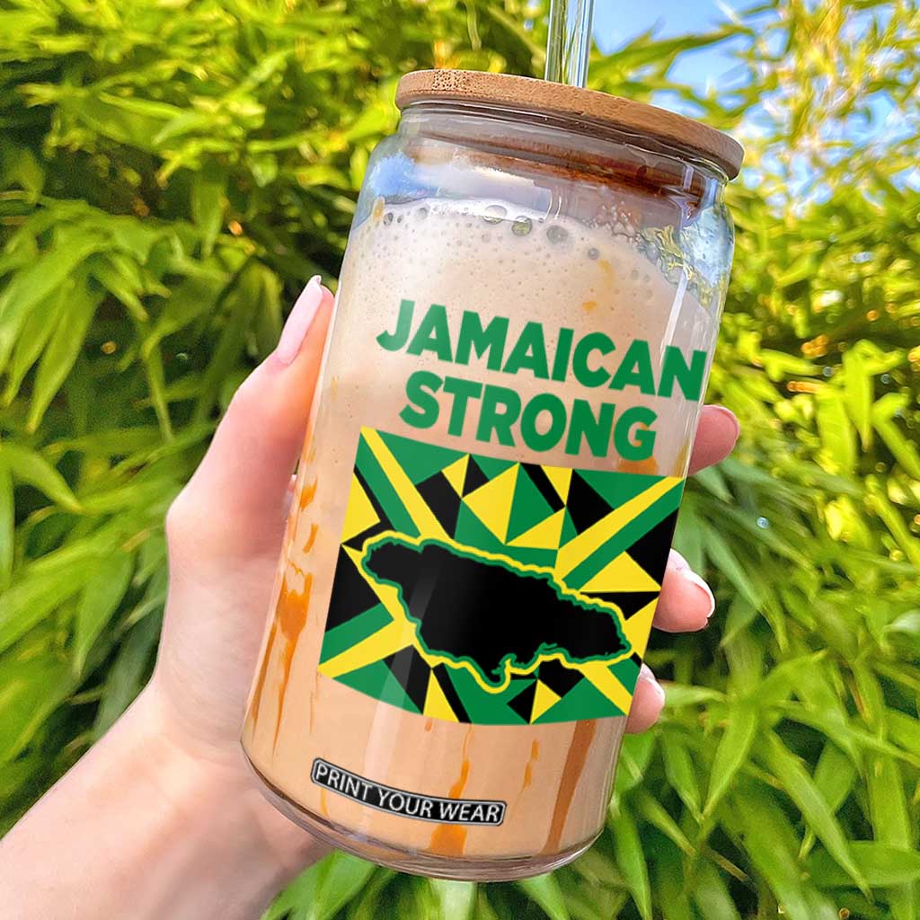 Jamaican Strong Resilience Geometric Flag Glass Can Abstract Island Map and Heritage TS02 White Print Your Wear