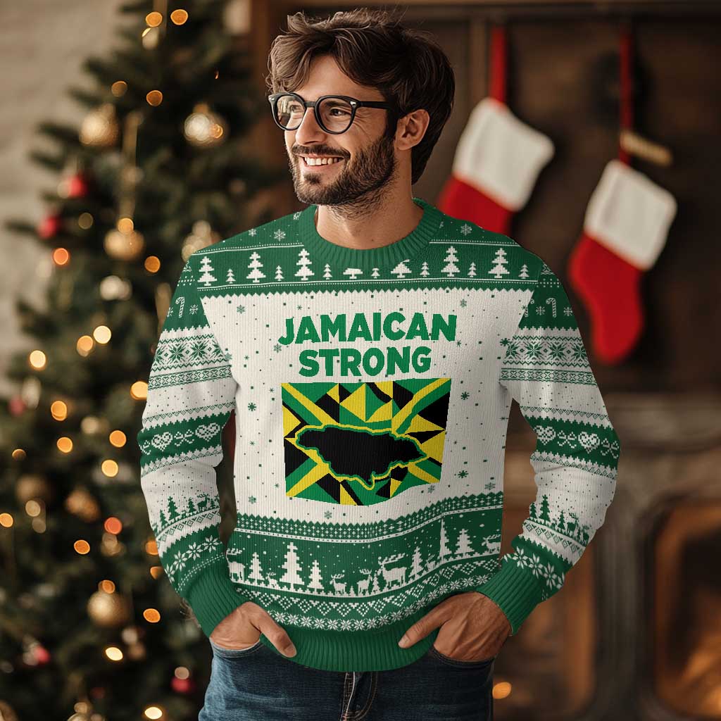 Jamaican Strong Resilience Geometric Flag Ugly Christmas Sweater Abstract Island Map and Heritage TS02 Beige Green Print Your Wear