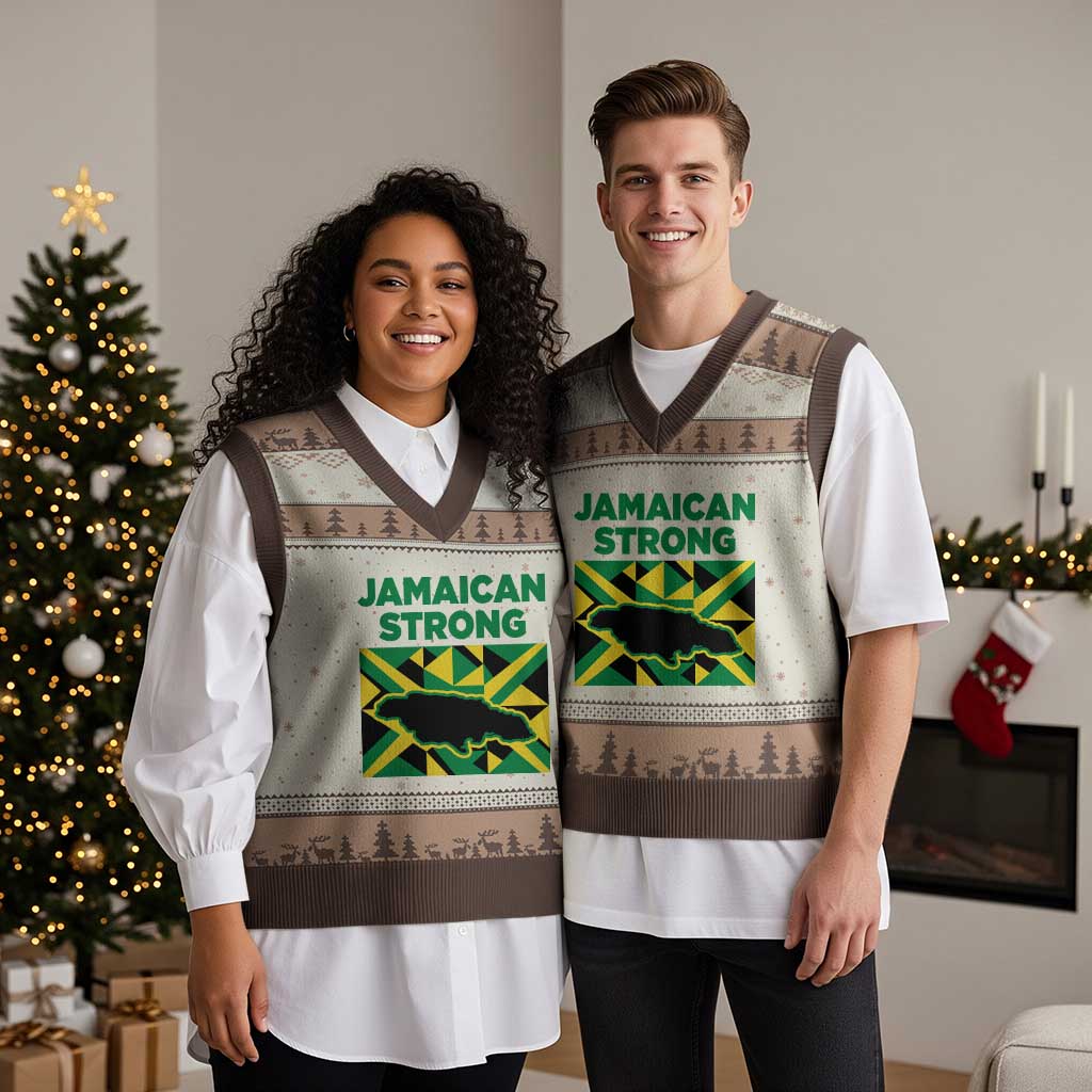 Jamaican Strong Resilience Geometric Flag V-Neck Knit Sweater Vest Abstract Island Map and Heritage TS02 Mocha Mousse Print Your Wear