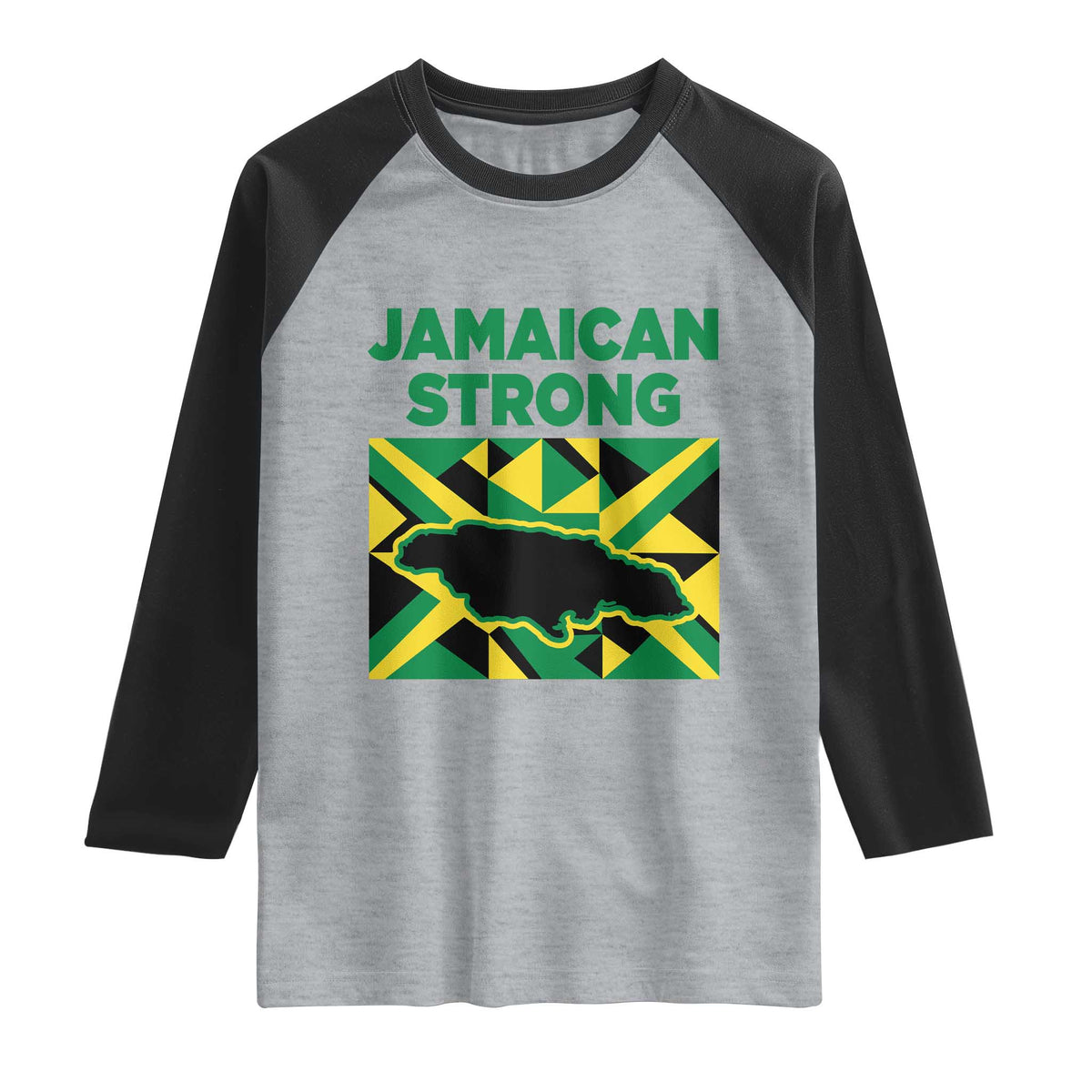 Jamaican Strong Resilience Geometric Flag Raglan Shirt Abstract Island Map and Heritage TS02 Heather Gray Black Print Your Wear