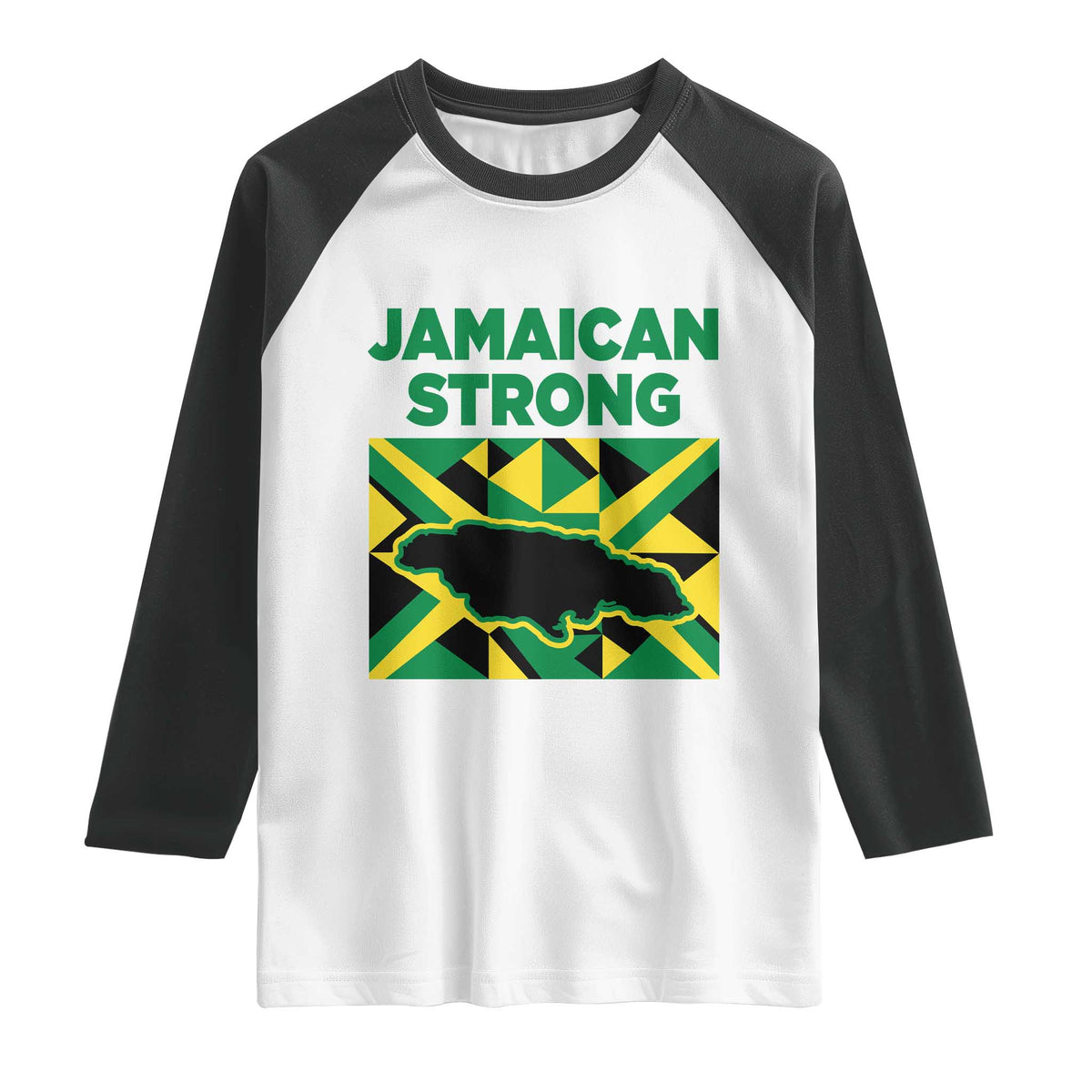 Jamaican Strong Resilience Geometric Flag Raglan Shirt Abstract Island Map and Heritage TS02 White Black Print Your Wear