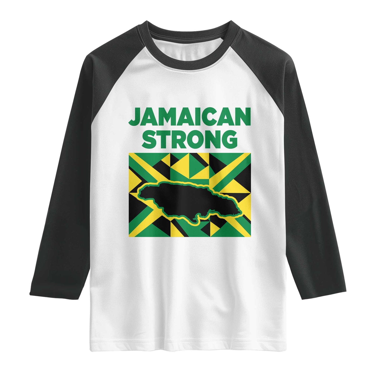 Jamaican Strong Resilience Geometric Flag Raglan Shirt Abstract Island Map and Heritage TS02 White Black Print Your Wear