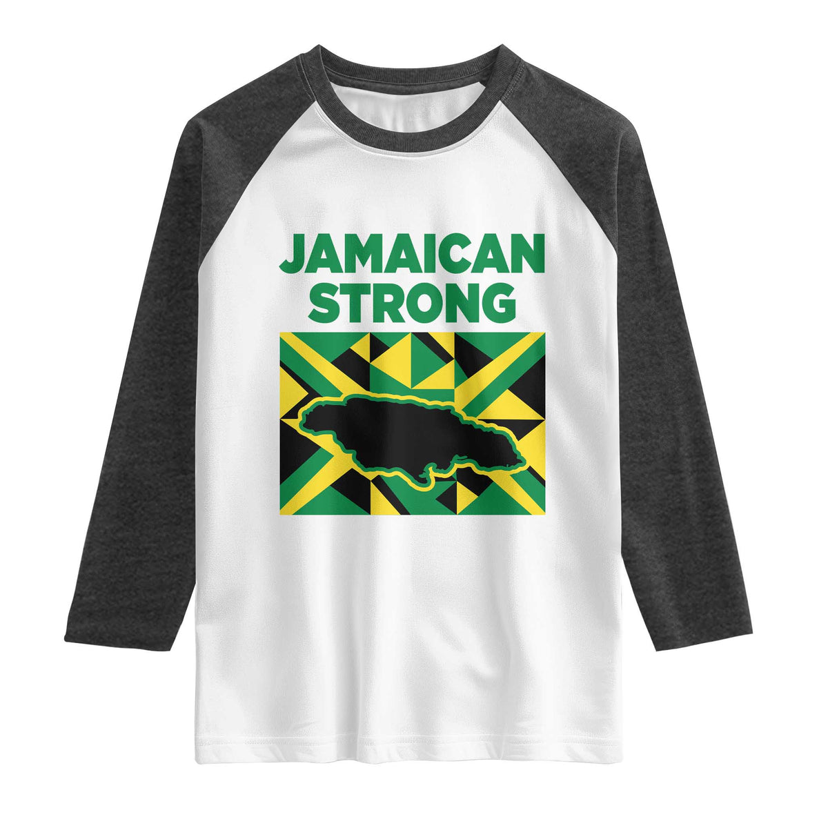 Jamaican Strong Resilience Geometric Flag Raglan Shirt Abstract Island Map and Heritage TS02 White Heather Charcoal Print Your Wear