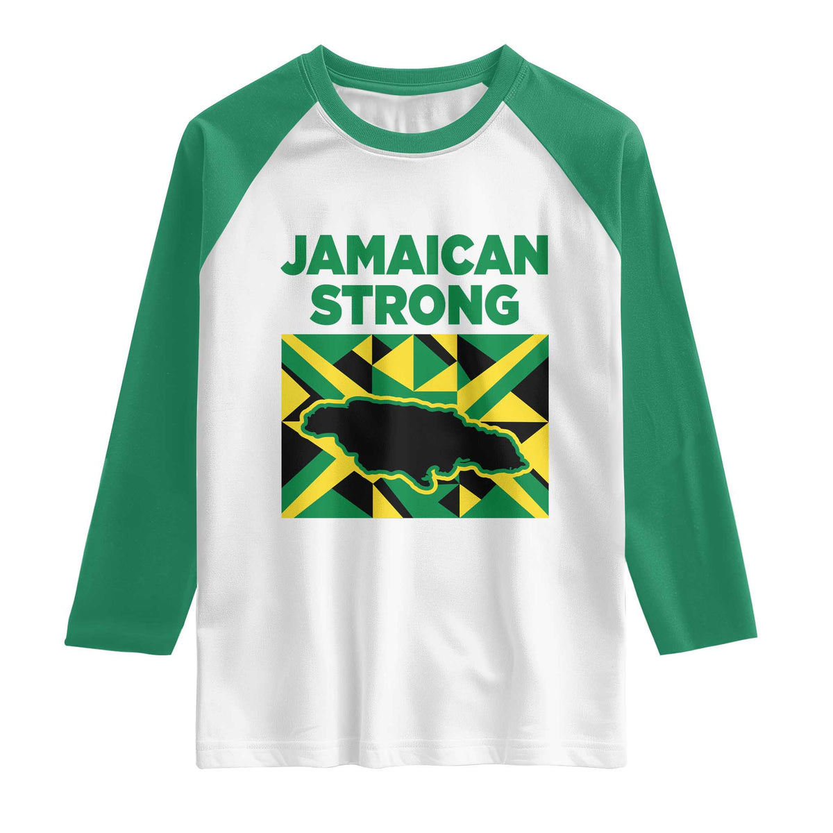 Jamaican Strong Resilience Geometric Flag Raglan Shirt Abstract Island Map and Heritage TS02 White Kelly Green Print Your Wear