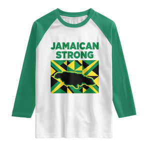 Jamaican Strong Resilience Geometric Flag Raglan Shirt Abstract Island Map and Heritage TS02 White Kelly Green Print Your Wear