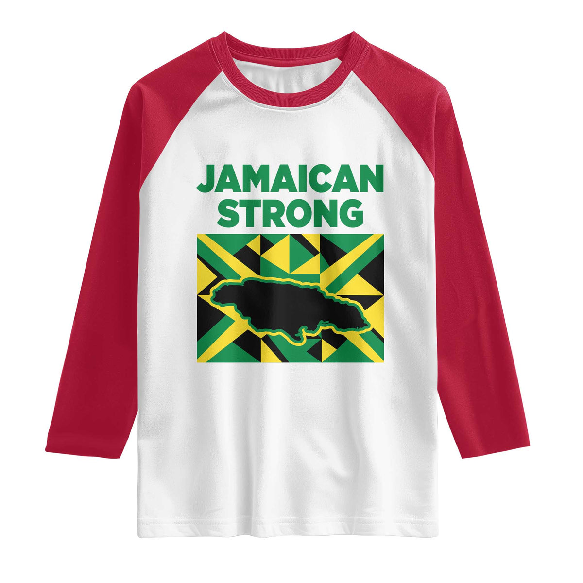 Jamaican Strong Resilience Geometric Flag Raglan Shirt Abstract Island Map and Heritage TS02 White Red Print Your Wear