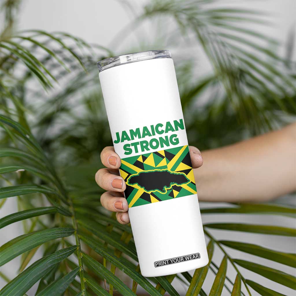 Jamaican Strong Resilience Geometric Flag Skinny Tumbler Abstract Island Map and Heritage TS02 Print Your Wear