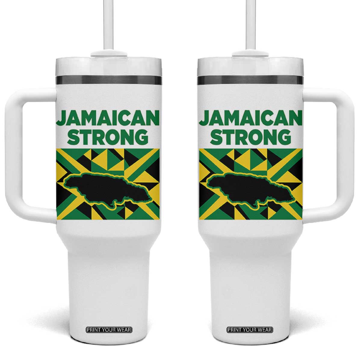 Jamaican Strong Resilience Geometric Flag Tumbler With Handle Abstract Island Map and Heritage TS02 One Size: 40 oz White Print Your Wear