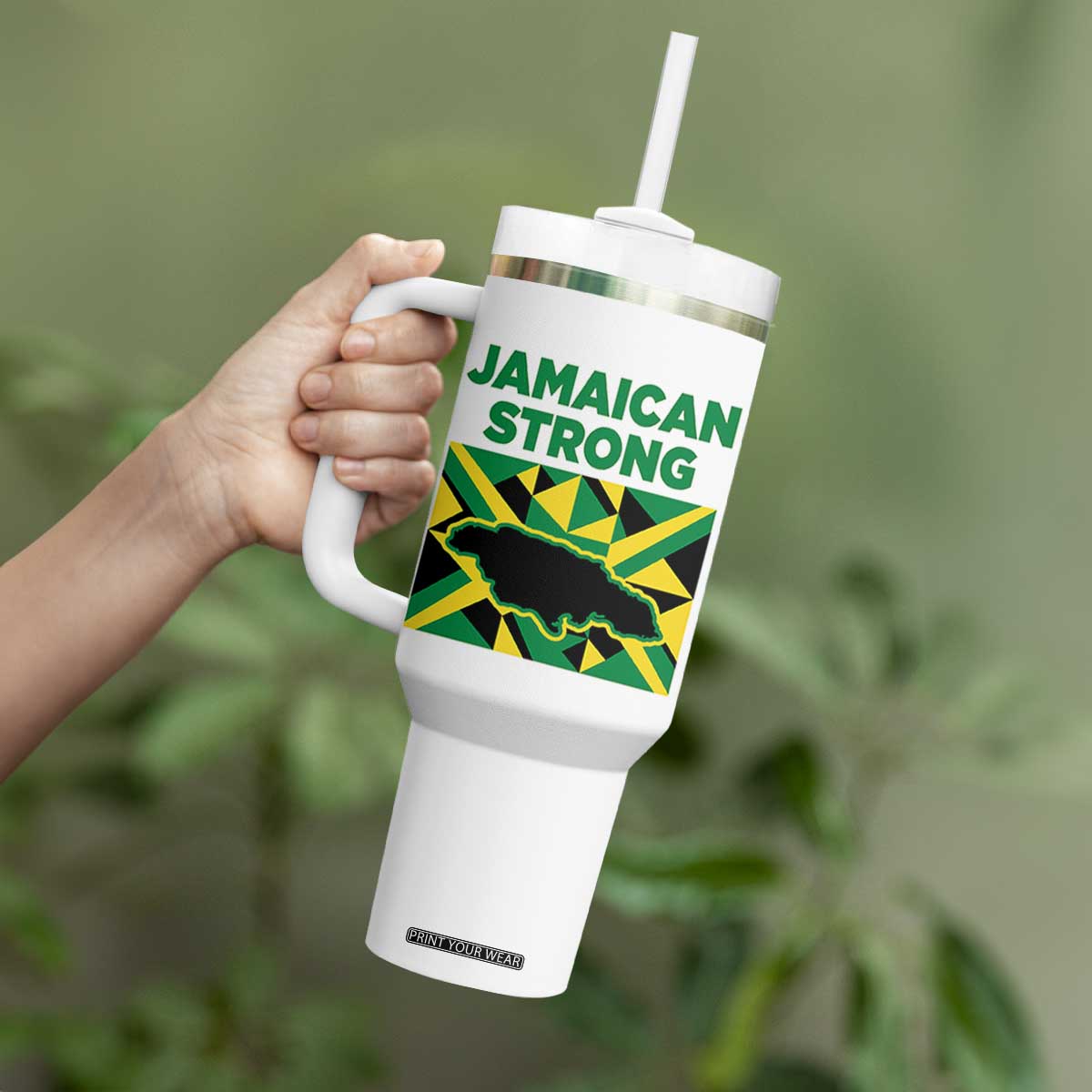 Jamaican Strong Resilience Geometric Flag Tumbler With Handle Abstract Island Map and Heritage TS02 Print Your Wear
