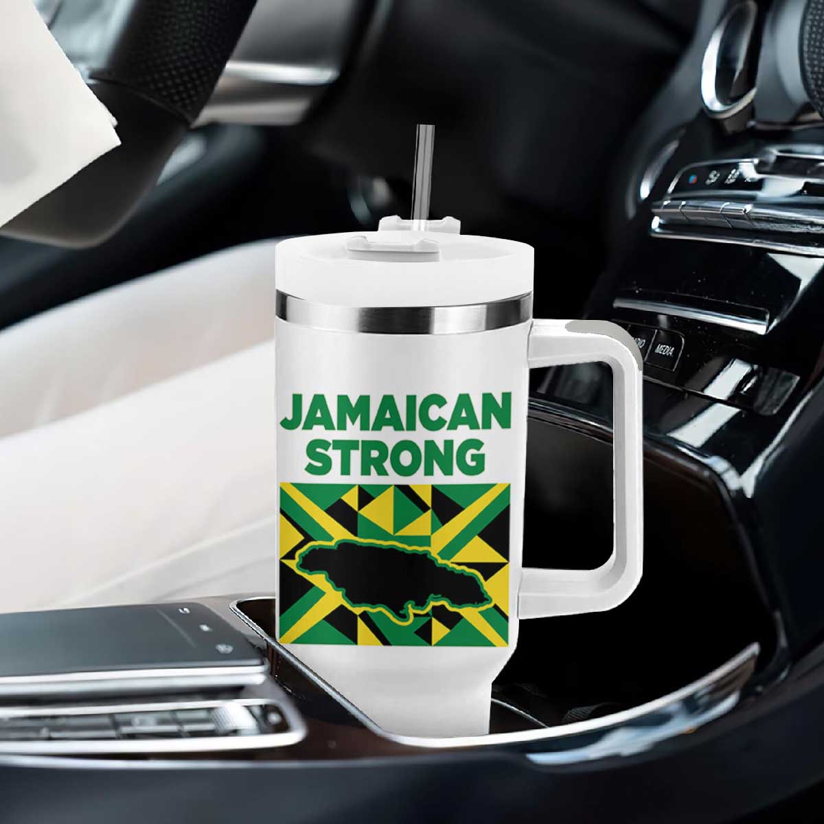 Jamaican Strong Resilience Geometric Flag Tumbler With Handle Abstract Island Map and Heritage TS02 Print Your Wear