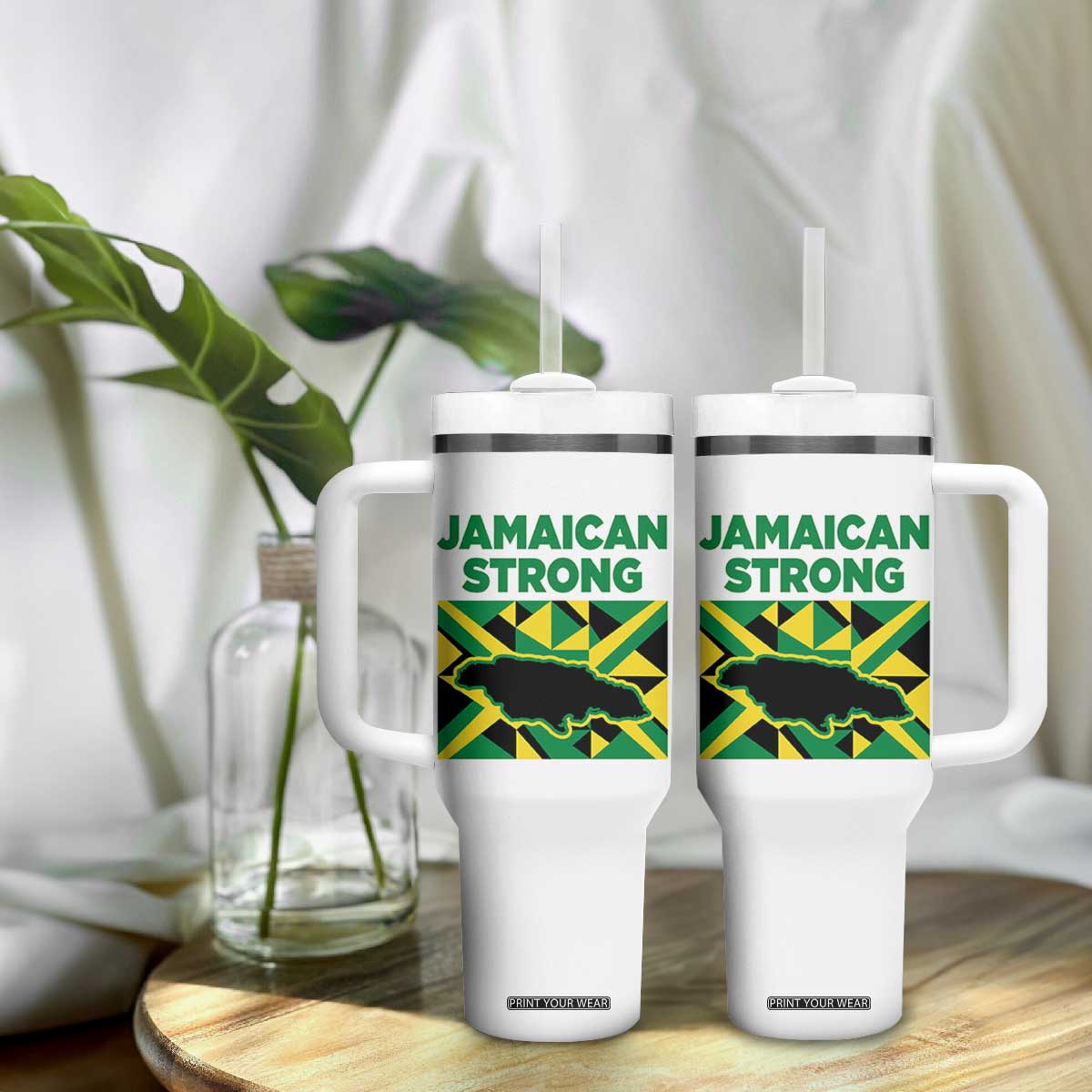 Jamaican Strong Resilience Geometric Flag Tumbler With Handle Abstract Island Map and Heritage TS02 Print Your Wear