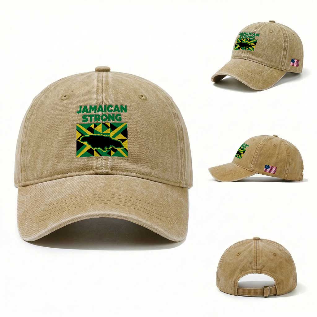 Jamaican Strong Resilience Geometric Flag Washed Cotton Baseball Cap Abstract Island Map and Heritage TS02 Washed Cap Universal Fit Khaki Print Your Wear