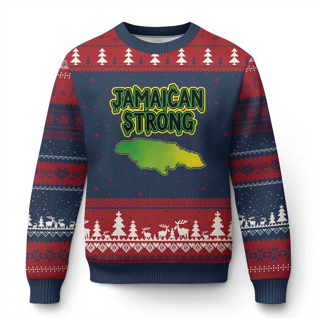 Jamaican Strong Resilience Graphic Ugly Christmas Sweater Caribbean Island Map Silhouette TS02 Navy Red Print Your Wear