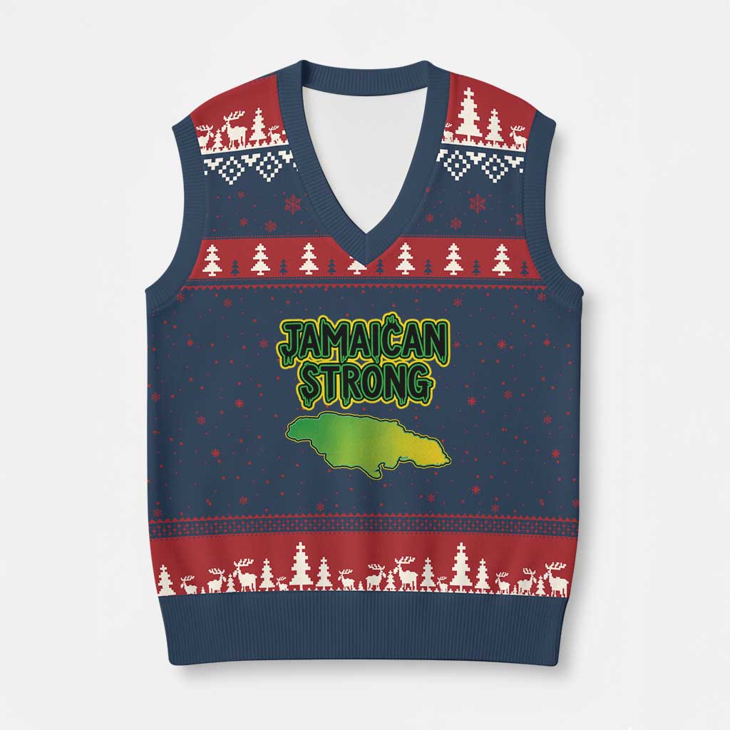 Jamaican Strong Resilience Graphic V-Neck Knit Sweater Vest Caribbean Island Map Silhouette TS02 Navy Red Print Your Wear