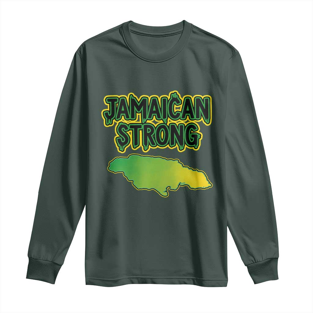 Jamaican Strong Resilience Graphic Long Sleeve Shirt Caribbean Island Map Silhouette TS02 Dark Forest Green Print Your Wear
