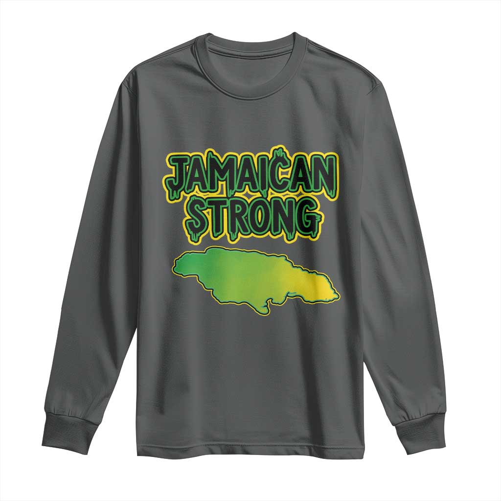 Jamaican Strong Resilience Graphic Long Sleeve Shirt Caribbean Island Map Silhouette TS02 Dark Heather Print Your Wear