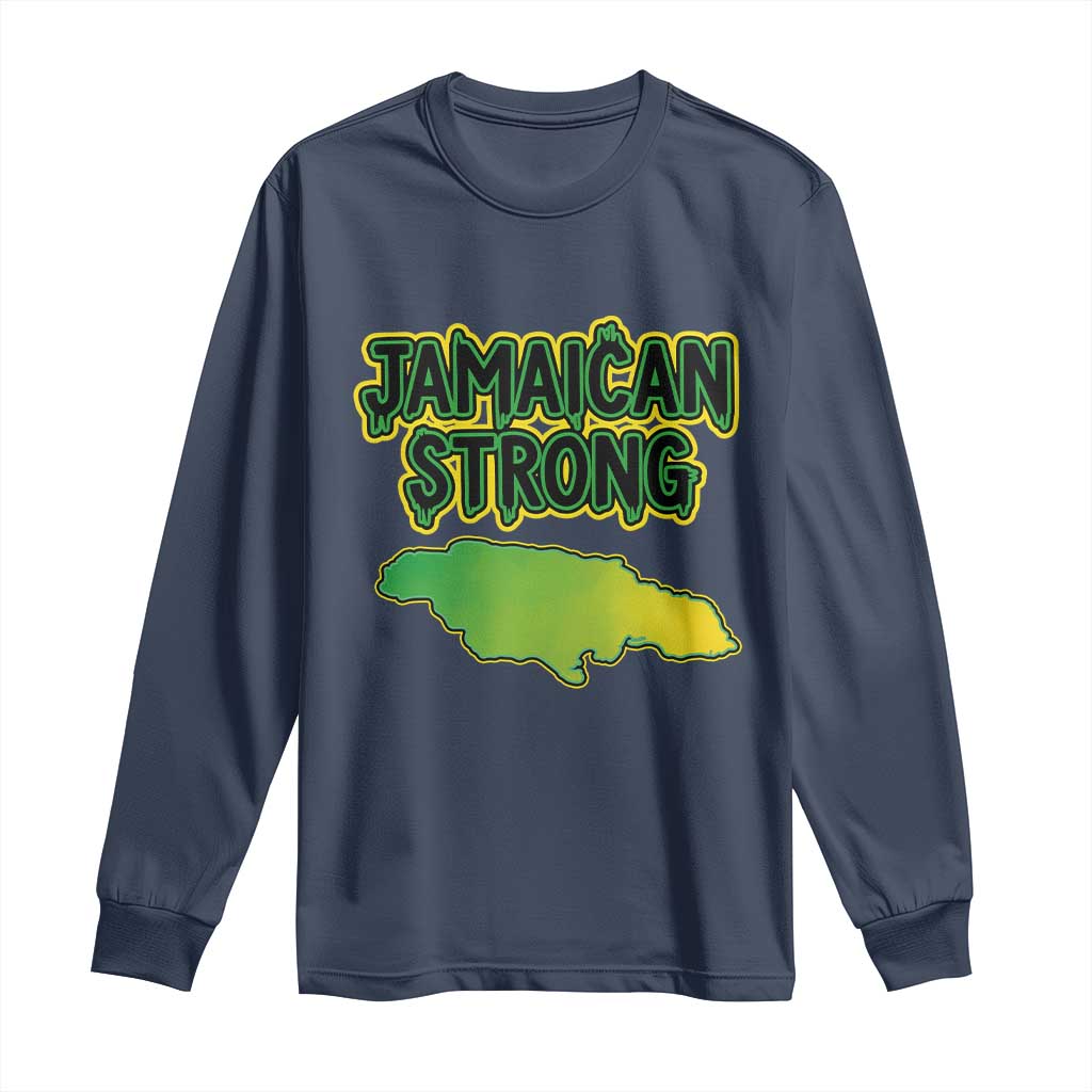 Jamaican Strong Resilience Graphic Long Sleeve Shirt Caribbean Island Map Silhouette TS02 Navy Print Your Wear