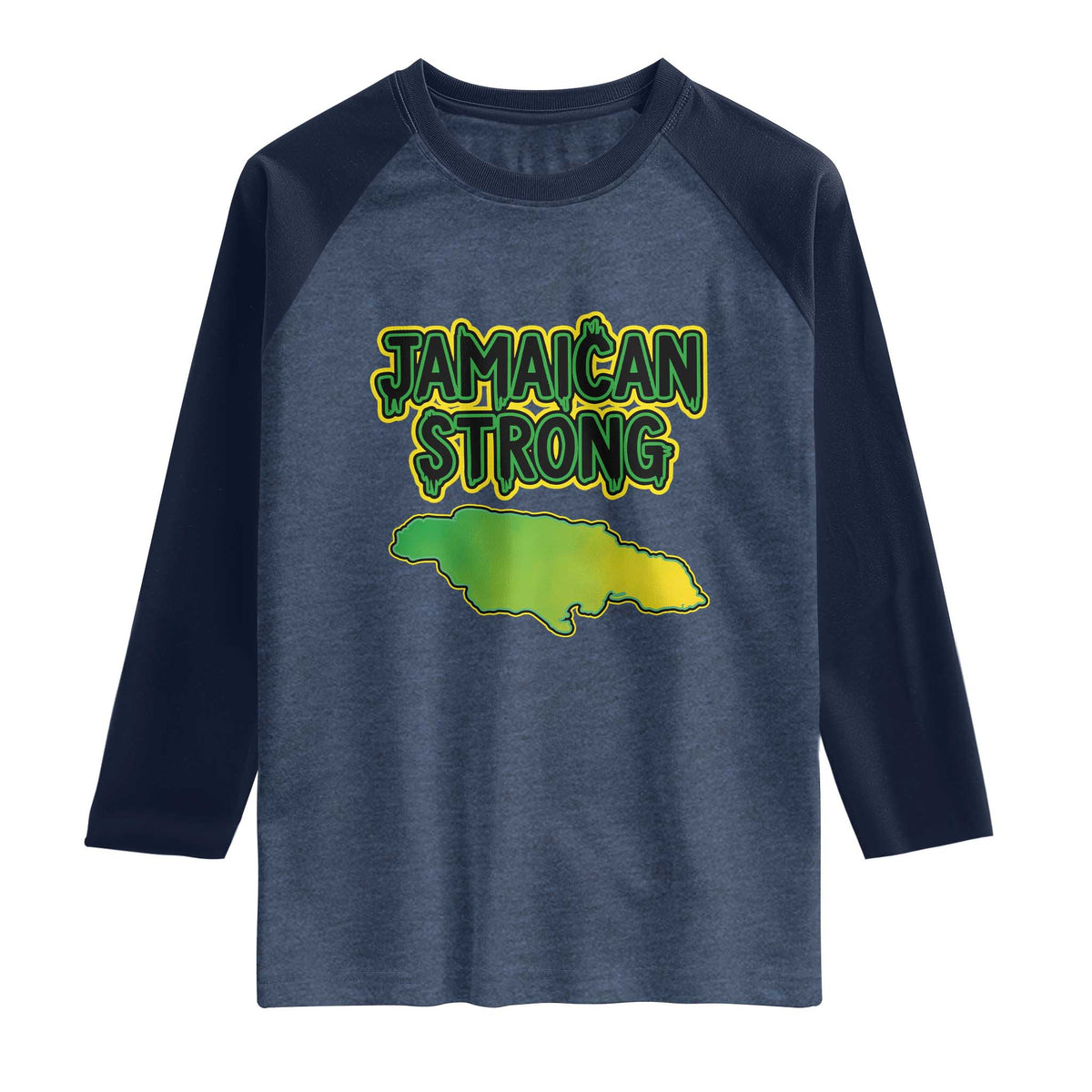 Jamaican Strong Resilience Graphic Raglan Shirt Caribbean Island Map Silhouette TS02 Heather Denim Navy Print Your Wear
