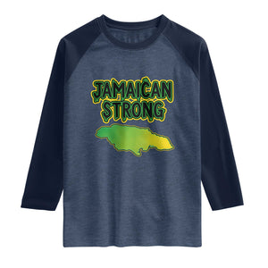 Jamaican Strong Resilience Graphic Raglan Shirt Caribbean Island Map Silhouette TS02 Heather Denim Navy Print Your Wear