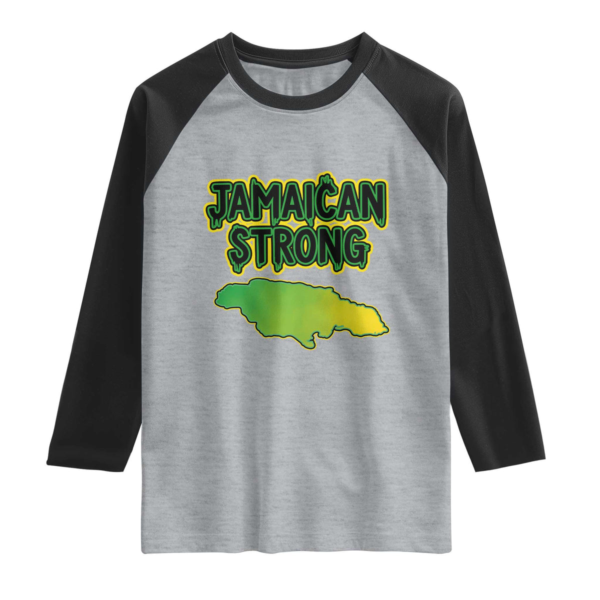 Jamaican Strong Resilience Graphic Raglan Shirt Caribbean Island Map Silhouette TS02 Heather Gray Black Print Your Wear