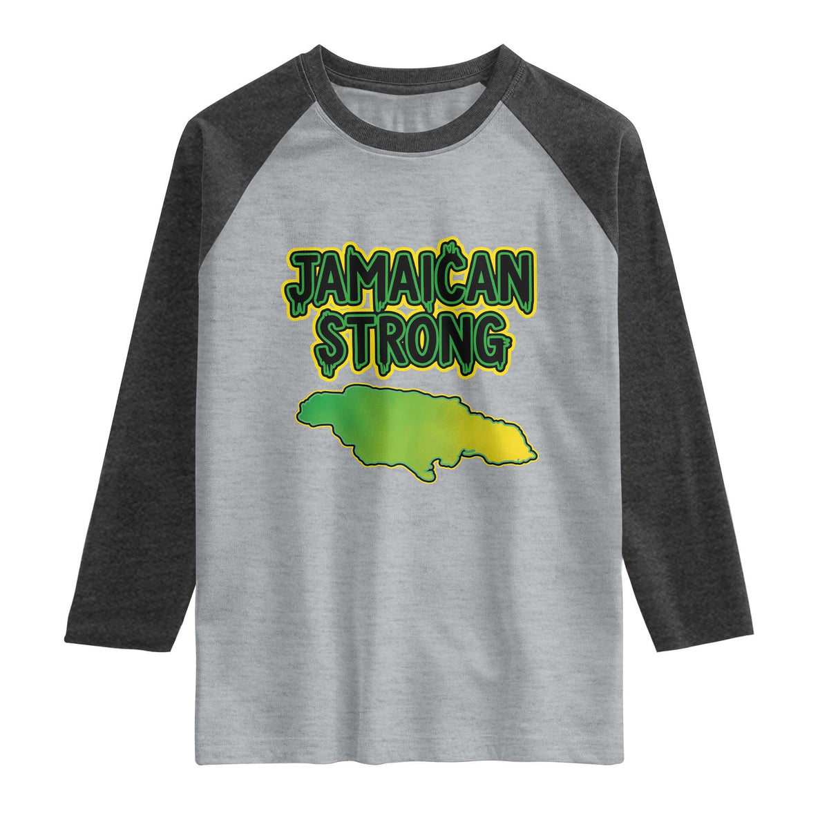 Jamaican Strong Resilience Graphic Raglan Shirt Caribbean Island Map Silhouette TS02 Heather Gray Heather Charcoal Print Your Wear