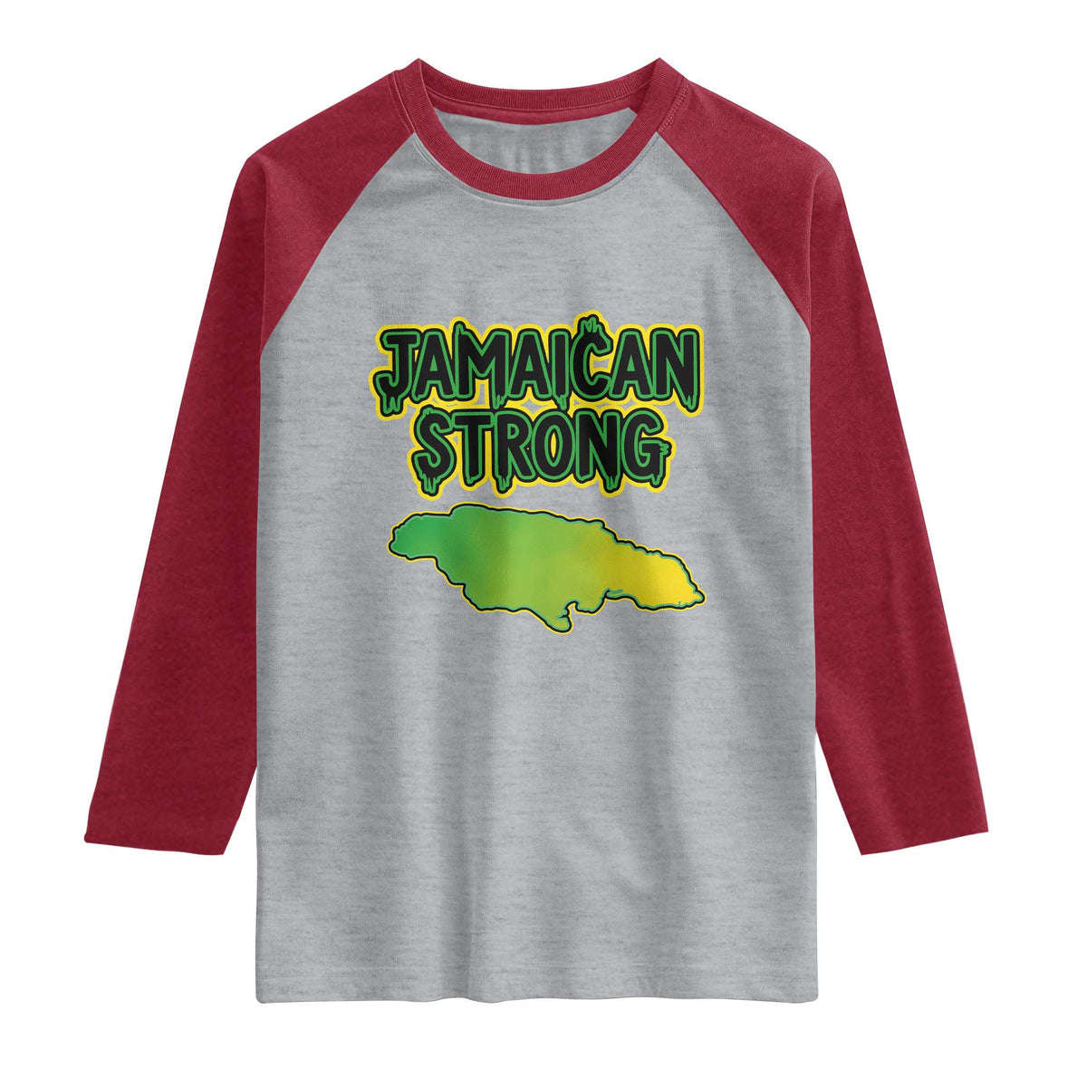 Jamaican Strong Resilience Graphic Raglan Shirt Caribbean Island Map Silhouette TS02 Heather Gray Heather Red Print Your Wear