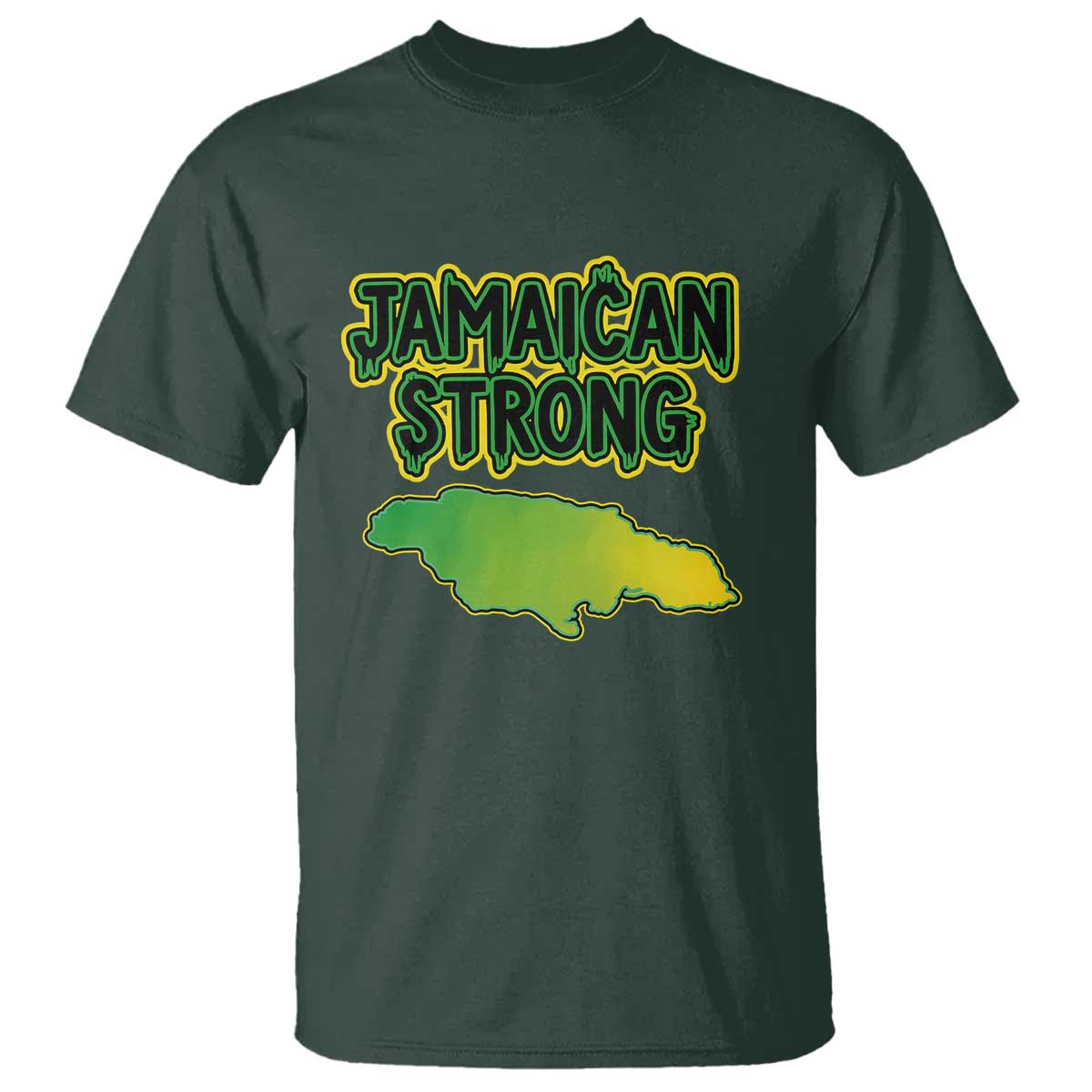Jamaican Strong Resilience Graphic T Shirt Caribbean Island Map Silhouette TS02 Dark Forest Green Print Your Wear
