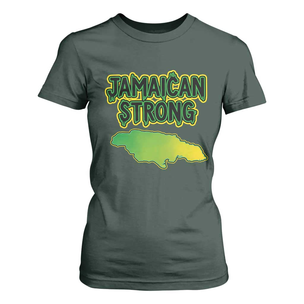 Jamaican Strong Resilience Graphic T Shirt For Women Caribbean Island Map Silhouette TS02 Dark Forest Green Print Your Wear