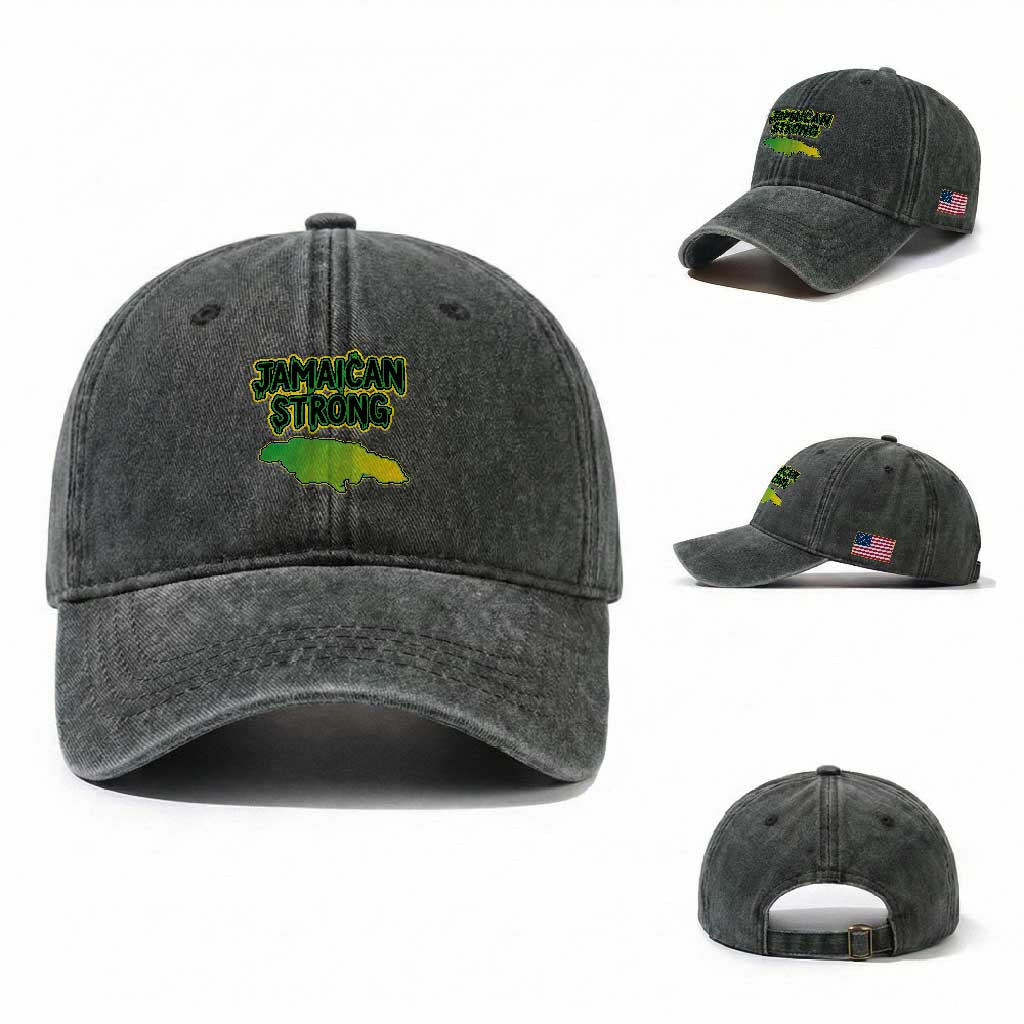 Jamaican Strong Resilience Graphic Washed Cotton Baseball Cap Caribbean Island Map Silhouette TS02 Washed Cap Universal Fit Dark Green Print Your Wear