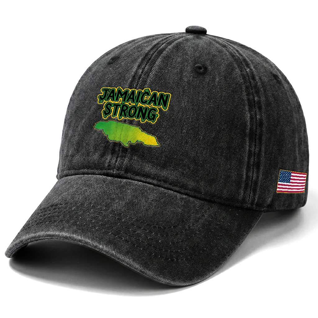 Jamaican Strong Resilience Graphic Washed Cotton Baseball Cap Caribbean Island Map Silhouette TS02 Print Your Wear