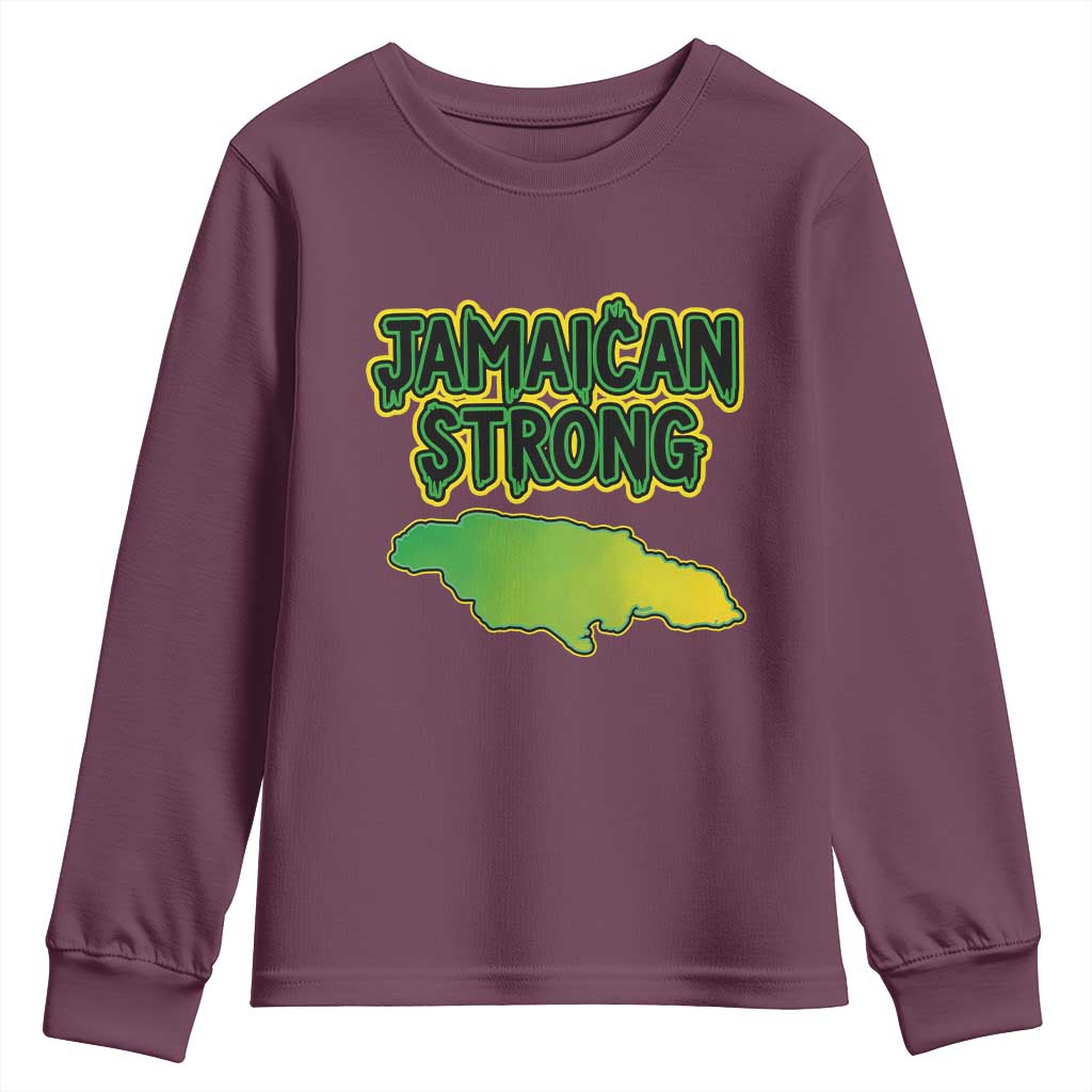 Jamaican Strong Resilience Graphic Youth Sweatshirt Caribbean Island Map Silhouette TS02 Maroon Print Your Wear