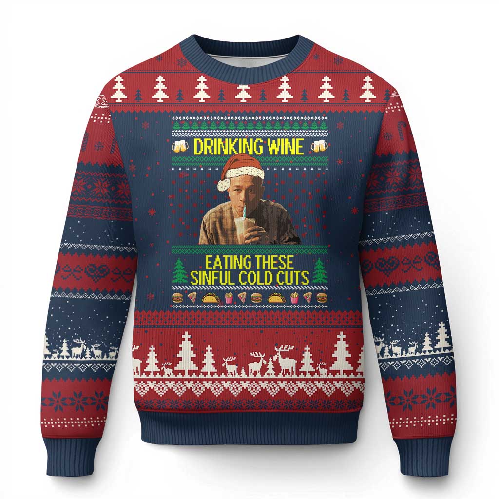 Funny Ed Gein Christmas Meme Ugly Christmas Sweater Drinking Wine Eating This Sinful Cold Cuts Viral Scene TS02 Navy Red Print Your Wear