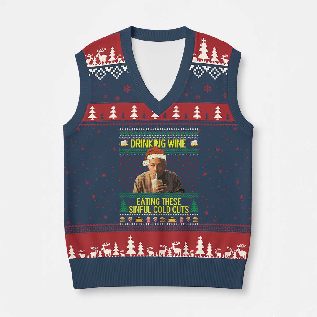 Funny Ed Gein Christmas Meme V-Neck Knit Sweater Vest Drinking Wine Eating This Sinful Cold Cuts Viral Scene TS02 Navy Red Print Your Wear