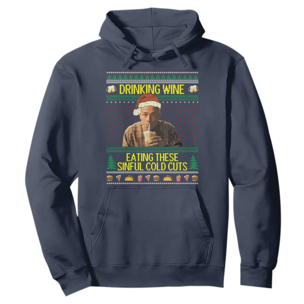 Funny Ed Gein Christmas Meme Hoodie Drinking Wine Eating This Sinful Cold Cuts Viral Scene TS02 Navy Print Your Wear