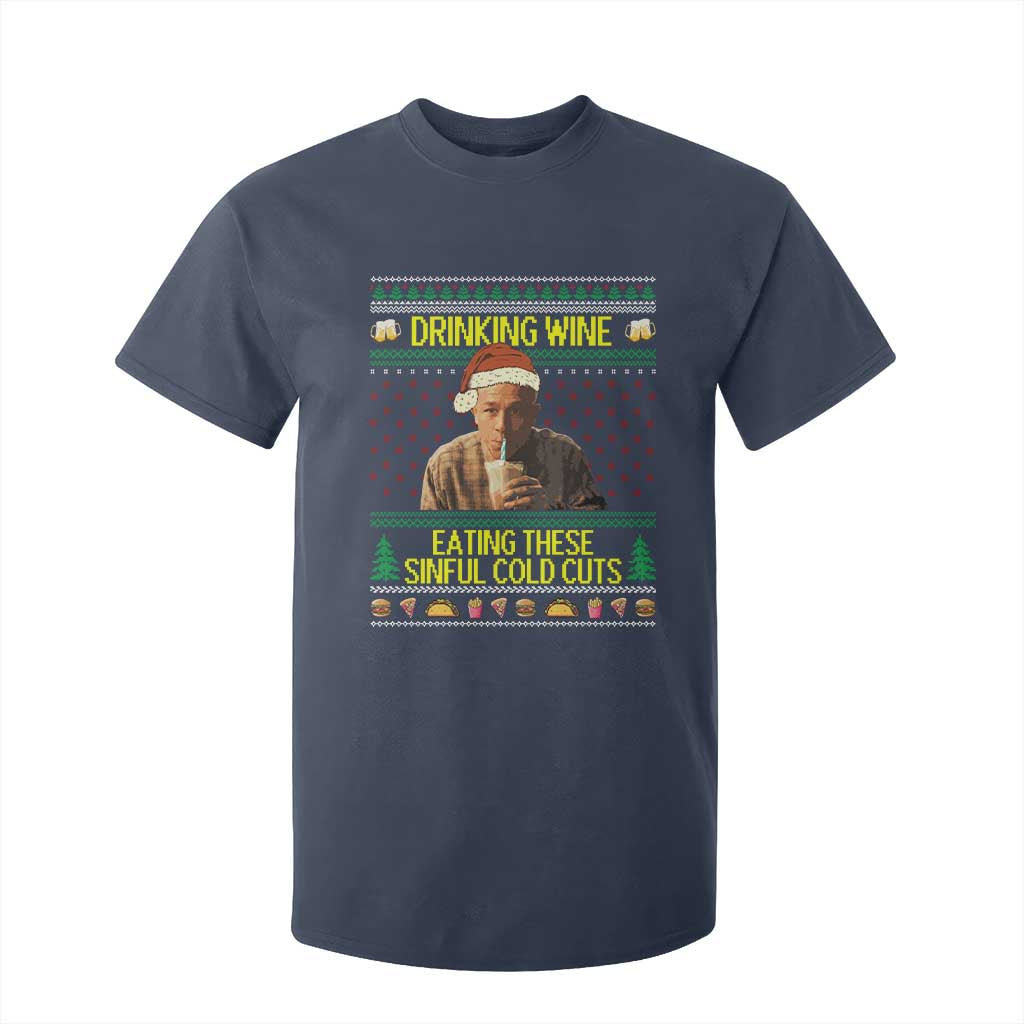 Funny Ed Gein Christmas Meme T Shirt For Kid Drinking Wine Eating This Sinful Cold Cuts Viral Scene TS02 Navy Print Your Wear