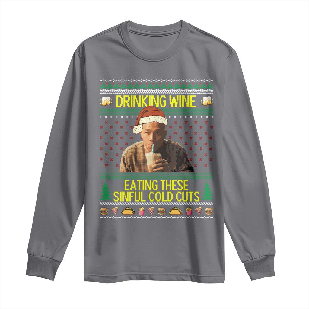 Funny Ed Gein Christmas Meme Long Sleeve Shirt Drinking Wine Eating This Sinful Cold Cuts Viral Scene TS02 Charcoal Print Your Wear