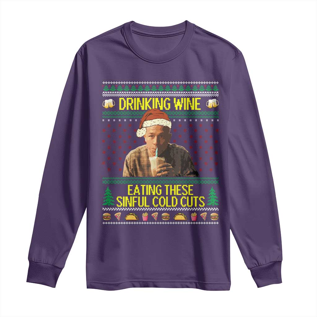 Funny Ed Gein Christmas Meme Long Sleeve Shirt Drinking Wine Eating This Sinful Cold Cuts Viral Scene TS02 Purple Print Your Wear