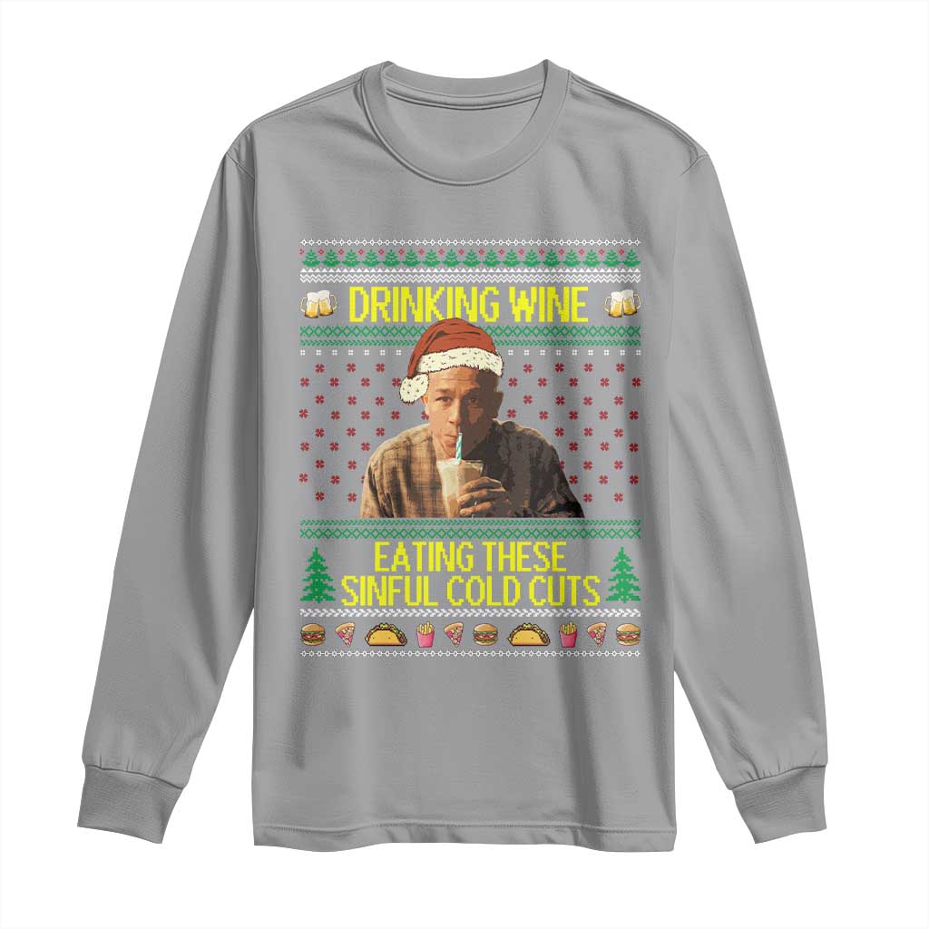 Funny Ed Gein Christmas Meme Long Sleeve Shirt Drinking Wine Eating This Sinful Cold Cuts Viral Scene TS02 Sport Gray Print Your Wear