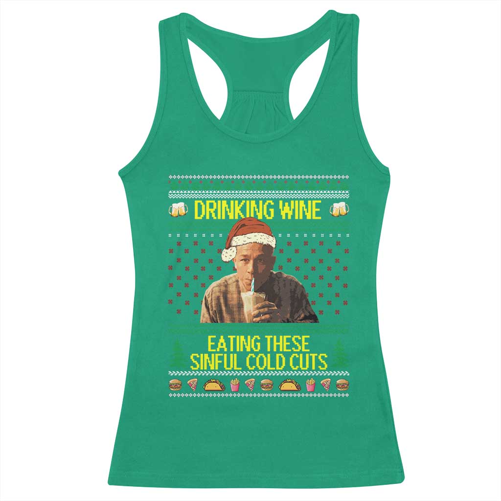 Funny Ed Gein Christmas Meme Racerback Tank Top Drinking Wine Eating This Sinful Cold Cuts Viral Scene - Print Your Wear