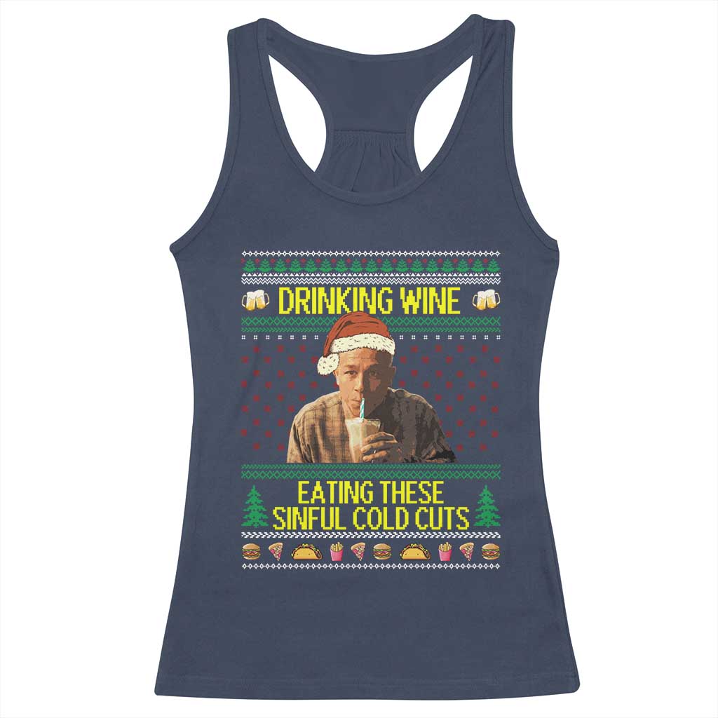 Funny Ed Gein Christmas Meme Racerback Tank Top Drinking Wine Eating This Sinful Cold Cuts Viral Scene - Print Your Wear