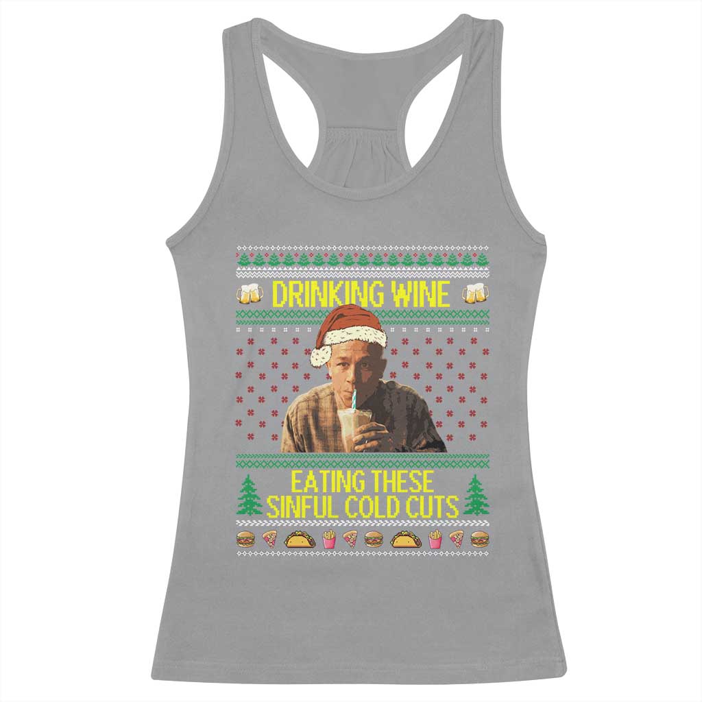 Funny Ed Gein Christmas Meme Racerback Tank Top Drinking Wine Eating This Sinful Cold Cuts Viral Scene - Print Your Wear