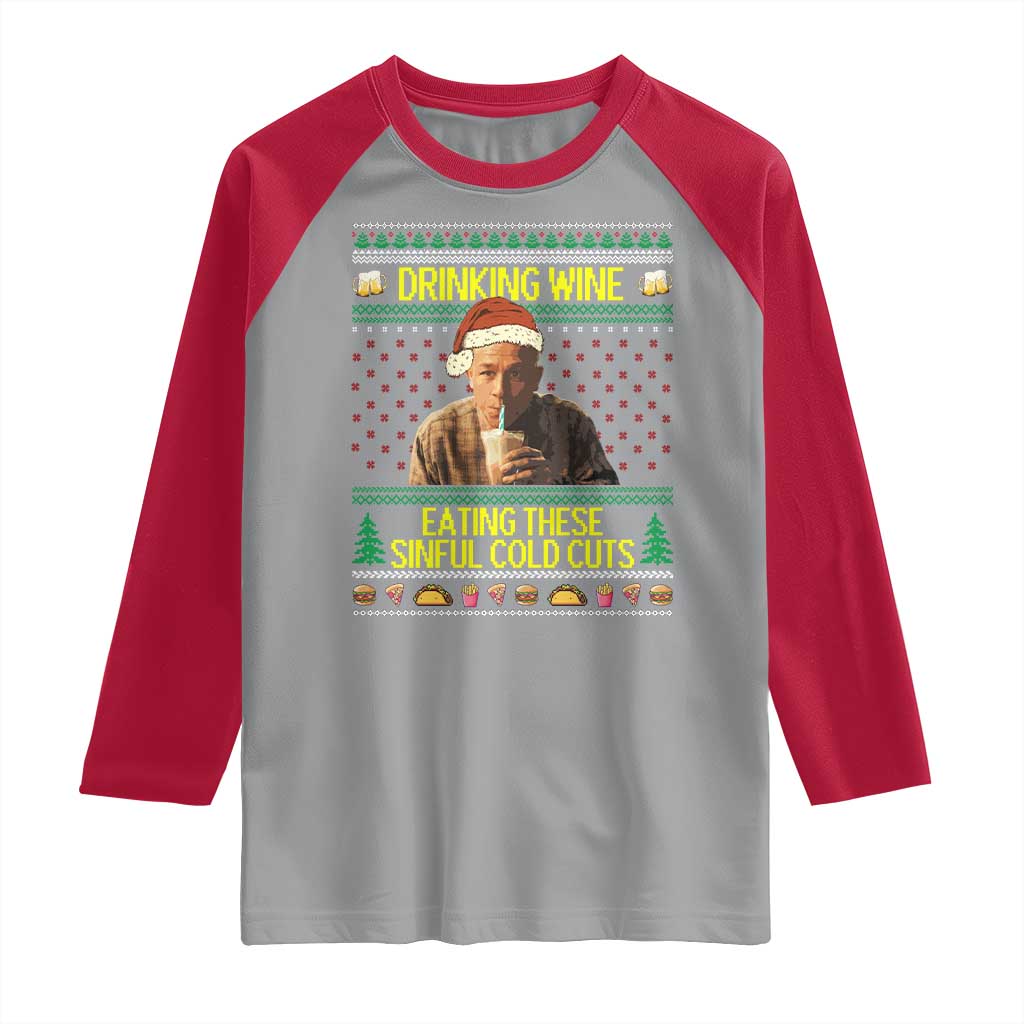 Funny Ed Gein Christmas Meme Raglan Shirt Drinking Wine Eating This Sinful Cold Cuts Viral Scene TS02 Sport Gray Red Print Your Wear