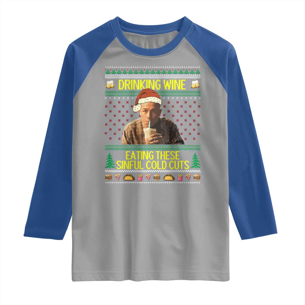 Funny Ed Gein Christmas Meme Raglan Shirt Drinking Wine Eating This Sinful Cold Cuts Viral Scene TS02 Sport Gray Royal Print Your Wear