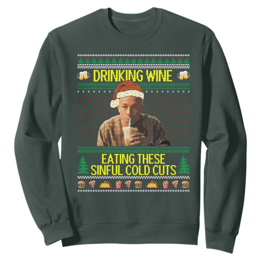 Funny Ed Gein Christmas Meme Sweatshirt Drinking Wine Eating This Sinful Cold Cuts Viral Scene TS02 Dark Forest Green Print Your Wear