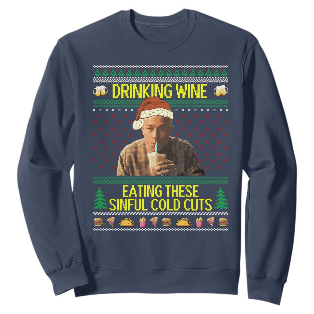 Funny Ed Gein Christmas Meme Sweatshirt Drinking Wine Eating This Sinful Cold Cuts Viral Scene TS02 Navy Print Your Wear